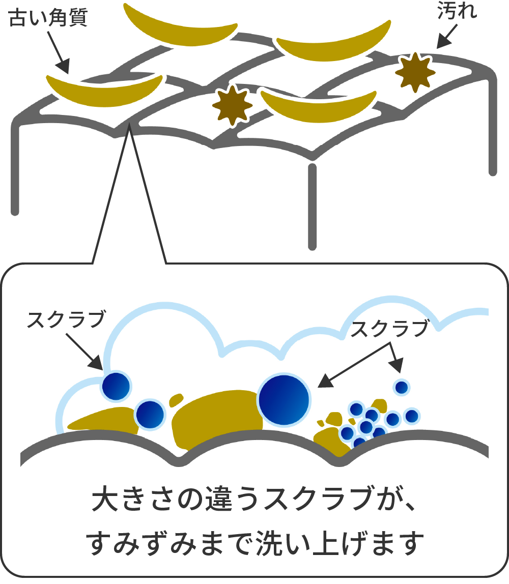 大きさの違うスクラブがすみずみまで洗いあげます